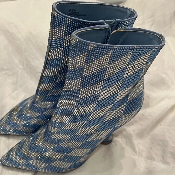 New Gianni Bini Alford Checkered Rhinestone Flared Heel Booties - Picture 3 of 11